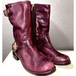 Vince Camuto Windy Women's Leather Moto Boot Harness Detail MidCalf 8M Burgundy